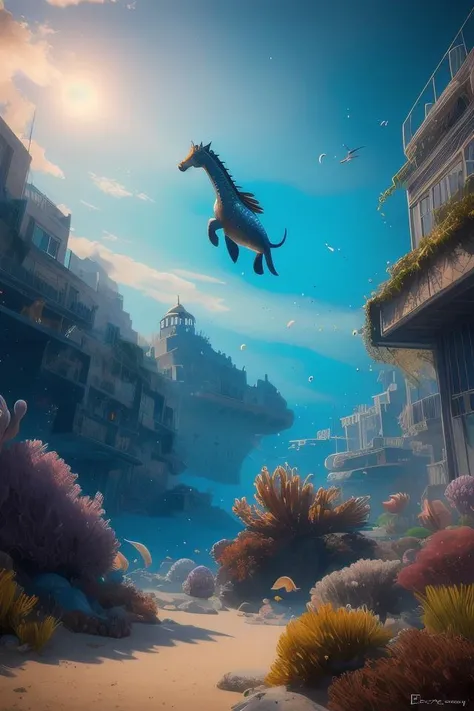 a giant seahorse swimming above the city of atlantis by Cedric Peyravernay, highly detailed, full view of seahorse, excellent composition, cinematic concept art, rich dramatic lighting, trending on ArtStation