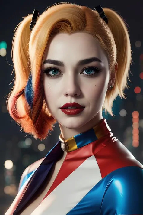 lofi biopunk portrait of harley quinn, cyberpunk background, smooth face makeup, Pixar style, by Tristan Eaton Stanley Artgerm and Tom Bagshaw.