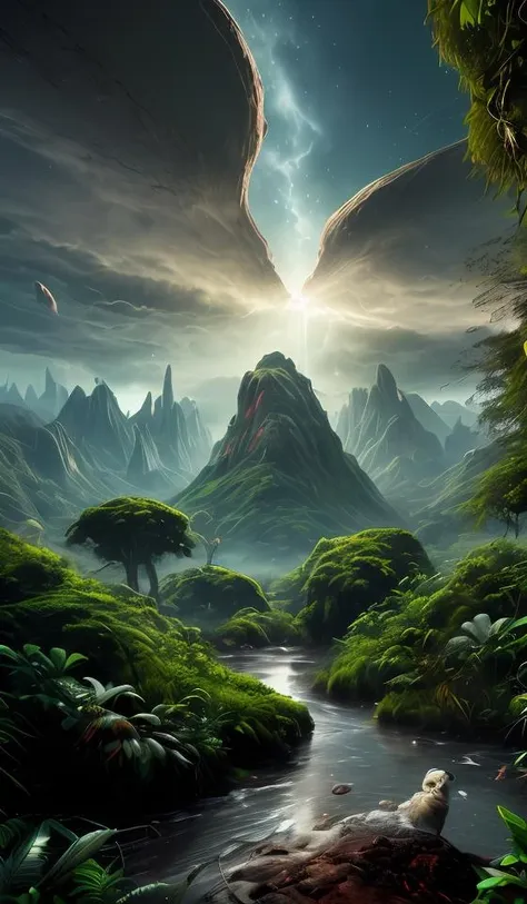 Highly detailed cinematic film still, wide angle landscape shot, otherworldly dark fantasy jungle world,villages, creatures, (lush vegetation), (mountains:1.1), (god rays:0.4), dense alien jungle, toned body, (highly detailed, hyperdetailed, intricate), (lens flare:0.4), (bloom:0.5), particle effects, cinematic lighting, (soft lighting:0.6), prominent projected shadows, deep depth of field, (film grain:0.5), photographed on a Leica SL (Typ 601) Mirrorless Digital Camera, 50mm wide angle lens, F2.8 aperture, deep focus, (RAW), cinematic film still from Avatar,<lora:nebula:0.2>, <lora:Nebulae:0.2>, abstract dream, space, intricate, grand scale, alone, cinematic film still, insane detail, sharp focus, depth of field, realistic lighting, (realistic perspective), complex, (multiple subjects), 4k HDR,<lora:add_detail:0.5>,<lora:more_details:0.25>,<lora:FantasyWorldV1:0.25>,