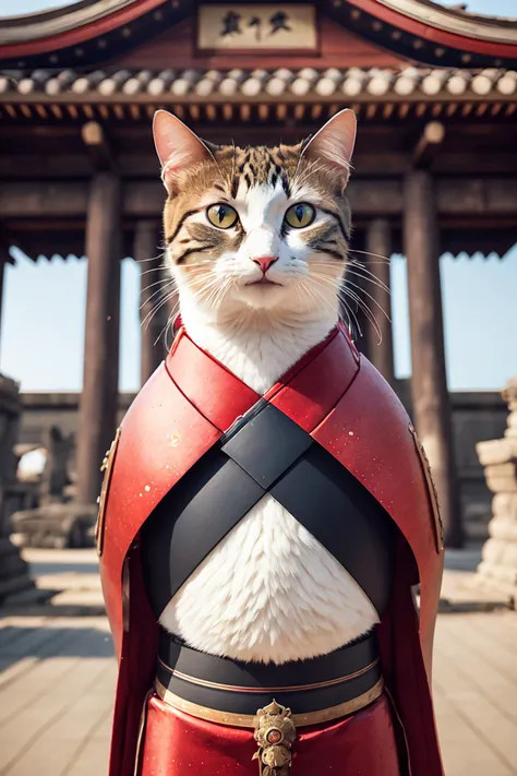 An ancient anthropomorphic cat samurai using an ancient samurai armor, photography, beautiful, bokeh temple background, colorful, masterpieces, top quality, best quality, official art, beautiful and aesthetic, realistic