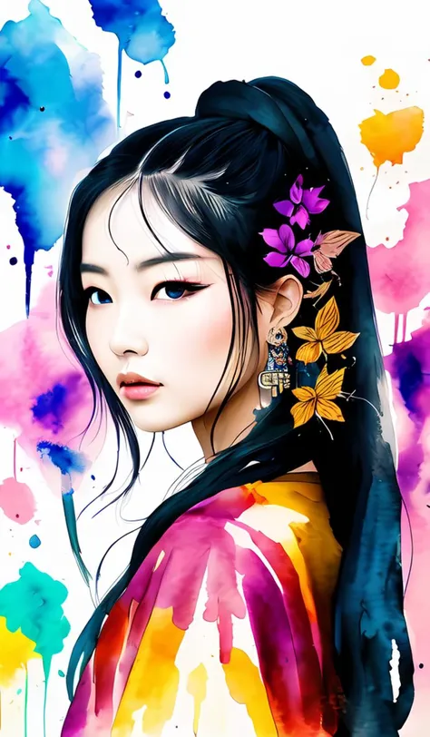 dramatic angle,(fluttered detailed ink splashs), (illustration),(((1 girl))),(long hair),(rain:0.6),(expressionless ,hair ornament:1.4),there is an ancient palace beside the girl,chinese clothes,(focus on), color Ink wash painting,(ink splashing),color splashing,((colorful)),[sketch], Masterpiece,best quality, beautifully painted,highly detailed,(denoising:0.7),[splash ink],yin yang