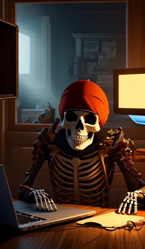 a pirate skeleton with a pirate hat sitting in front of a laptop programming, dark room, light coming from crt monitor, highly detailed, intricate, digital art, trending on artstation, trending on cgsociety