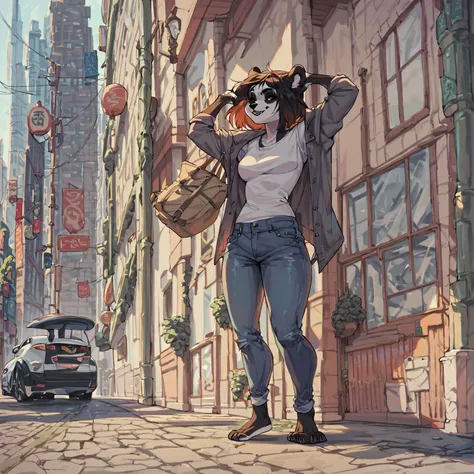 score_9, score_8_up, score_7_up, score_6_up, score_5_up, score_4_up, source_furry, rating_safe, full body portrait, anthro female panda, jeans, city, detailed background, awesome_background, simple shading