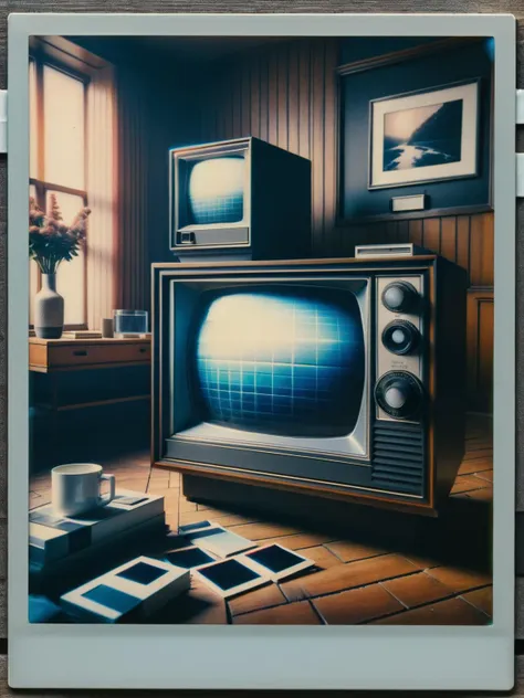 A ral-polaroid of a  vintage 1980s living room but with a flat-screen TV streaming modern-day news, in ral-polaroid aesthetics <lora:ral-polaroid-sdxl:1>,<lora:EnvyBetterHiresFixXL01:0:hr=1>