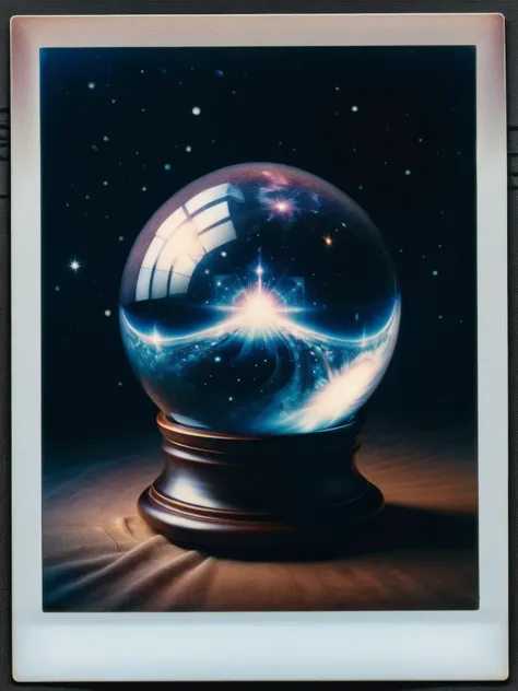 ral-polaroid of a fortune teller's crystal ball, swirling with galaxies and nebulae, reflecting the viewer's distorted face, <lora:ral-polaroid-sdxl:1> <lora:EnvyBetterHiresFixXL01:0:hr=1>