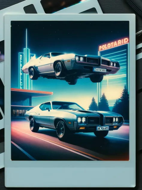 a ral-polaroid of a group of teenagers at a drive-in movie, their silhouettes illuminated by the glow of the screen, with a sleek, futuristic flying car parked in the foreground, <lora:ral-polaroid-sdxl:1> <lora:EnvyBetterHiresFixXL01:0:hr=1>