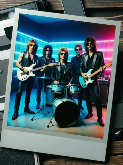 A ral-polaroid of an 80s rock band with their instruments swapped for futuristic, neon glowing gadgets, in a ral-polaroid photo <lora:ral-polaroid-sdxl:1>,<lora:EnvyBetterHiresFixXL01:0:hr=1>