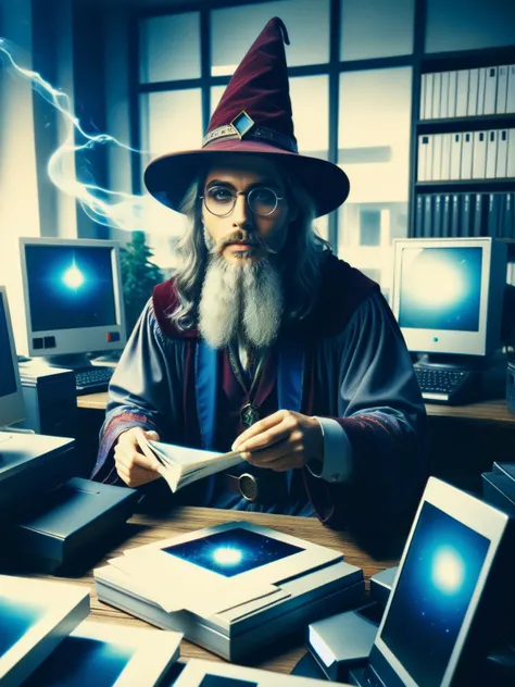 A ral-polaroid style polaroid photograph of a wizard casting spells in a modern-day office, surrounded by computers and office equipment, in ral-polaroid style <lora:ral-polaroid-sdxl:1>,<lora:EnvyBetterHiresFixXL01:0:hr=1>