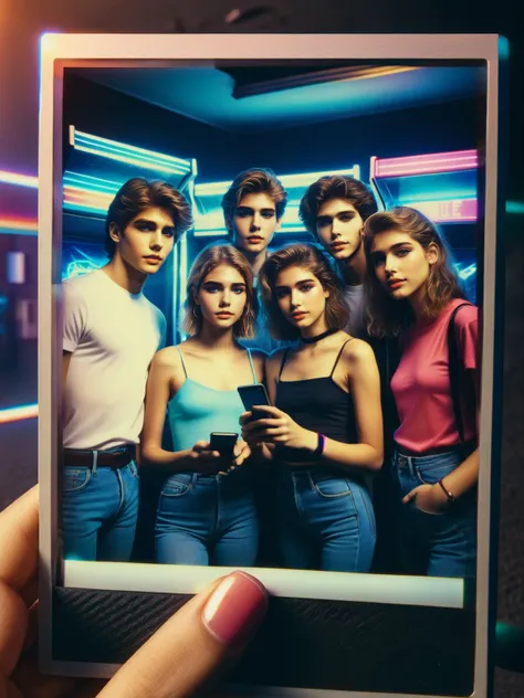 A ral-polaroid of a  group of 1980s teenagers in a neon-lit arcade, one of them holding a sleek, out-of-time smartphone, in a ral-polaroid frame <lora:ral-polaroid-sdxl:1>,<lora:EnvyBetterHiresFixXL01:0:hr=1>