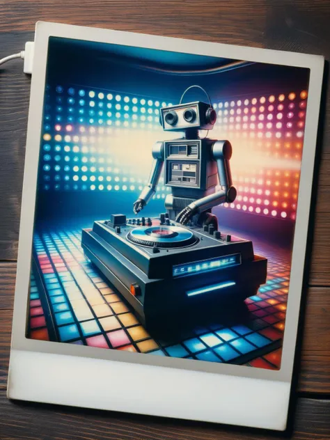 A ral-polaroid of a  classic 1970s disco dance floor with a robot DJ spinning digital turntables, captured in a ral-polaroid instant photo <lora:ral-polaroid-sdxl:1>,<lora:EnvyBetterHiresFixXL01:0:hr=1>