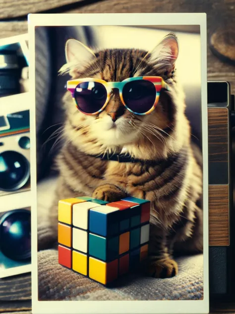 ral-polaroid style polaroid photograph of cat wearing a tiny pair of 1980s sunglasses, perched atop a Rubik's Cube, giving the camera a sassy side-eye, <lora:ral-polaroid-sdxl:1.2> <lora:EnvyBetterHiresFixXL0sxl:1>