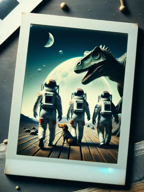 A surreal scene of astronauts moonwalking with their pet dinosaurs, framed in an aged ral-polaroid border <lora:ral-polaroid-sdxl:1>,<lora:EnvyBetterHiresFixXL01:0:hr=1>