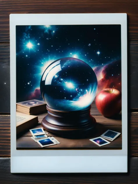 a ral-polaroid of a fortune teller's crystal ball, swirling with galaxies and nebulae and an out of place apple <lora:ral-polaroid-sdxl:1> <lora:EnvyBetterHiresFixXL01:0:hr=1>