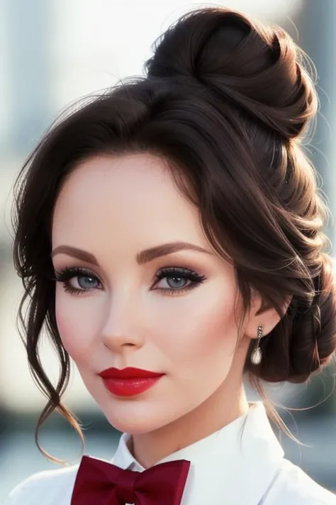 photo of a woman, <lora:jaclynsmith-10:0.5>, jaclyn smith, ((pale skin):1.1), ((beautiful dark brown hair)), ((hair up, hair in bun, fancy updo):1.2), (eye contact, facing camera), ((bowtie, white shirt):1.2), ((closeup, portrait)),((outdoors, city):1.3),((red lipstick, eyeliner,  eye shadow, blush):1.2), ((best quality, masterpiece, extreme details, high resolution):1.2),((detailed eyes, beautiful eyes, detailed face, beautiful face):1.2)