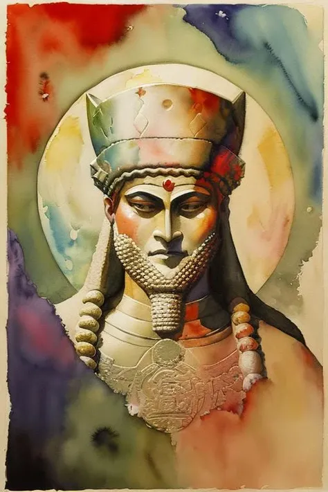 a painting of gilgamesh <lora:Gilgamesh:1>, Chen Lin, Phuoc Quan, a watercolor painting, art & language, by Marc Todd and Colin Staples, watercolor, wet on wet and splattering techniques, centered, perfect composition, inspired by Hieronymus Bosch