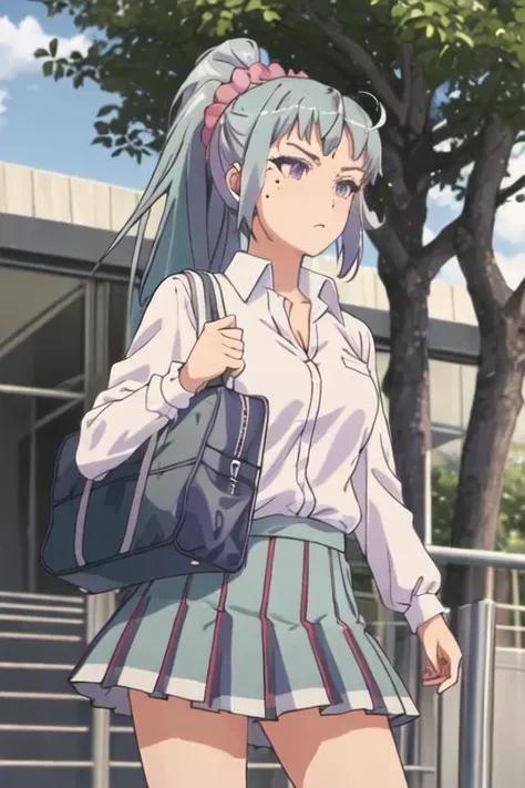 best quality, masterpiece, highres, solo, {kawasaki_saki_yahariorenoseishunlovecomewamachigatteiru:1.15}, ponytail, long_hair, blue_hair, mole, mole_under_eye, purple_eyes, 1girl, bag, school_uniform, green_eyes, school_bag, scrunchie, shirt, skirt, very_long_hair