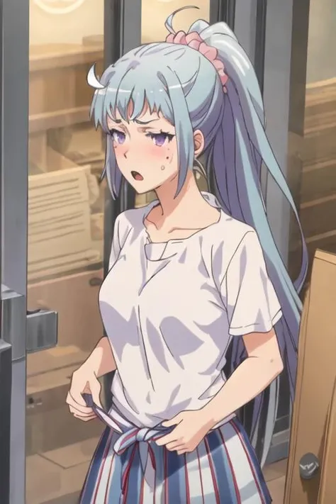 best quality, masterpiece, highres, solo, {kawasaki_saki_yahariorenoseishunlovecomewamachigatteiru:1.15}, ponytail, long_hair, blue_hair, mole, mole_under_eye, purple_eyes, 1girl, blush, scrunchie, sweatdrop, open_mouth, shirt
