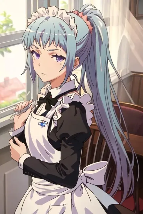 best quality, masterpiece, highres, solo, {maid:1.40}, {long maid dress:1.15}, {kawasaki_saki_yahariorenoseishunlovecomewamachigatteiru:1.15}, ponytail, long_hair, blue_hair, mole, mole_under_eye, purple_eyes
