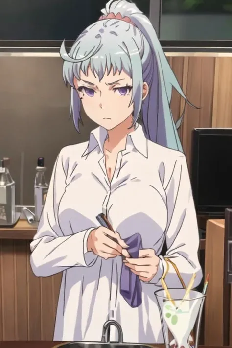 best quality, masterpiece, highres, solo, {kawasaki_saki_yahariorenoseishunlovecomewamachigatteiru:1.15}, ponytail, long_hair, blue_hair, mole, mole_under_eye, purple_eyes, 1girl, shirt, green_eyes, white_shirt, anime_coloring, collared_shirt