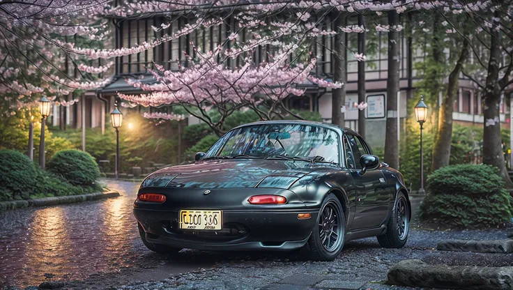 photo of matte black MazdaMiata under cherry blossom trees in kyoto at sunset, wet cobblestone street light reflections, high quality photo, lens flare, bokeh, 8k resolution, gobo lights, warm ambient light, volumetric light, neon lights, depth of field, analog, foggy atmosphere, lens flares, light bloom, portra 800 film, <lora:MazdaMiatav1:.8>, <lora:analogdiffusion_Lora300:.2>