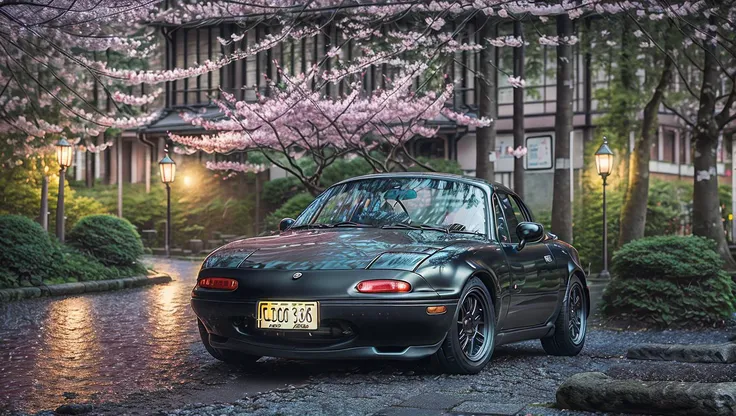 photo of matte black MazdaMiata under cherry blossom trees in kyoto at sunset, wet cobblestone street light reflections, high quality photo, lens flare, bokeh, 8k resolution, gobo lights, warm ambient light, volumetric light, neon lights, depth of field, analog, foggy atmosphere, lens flares, light bloom, portra 800 film, <lora:MazdaMiatav1:.8>, <lora:analogdiffusion_Lora300:.2>