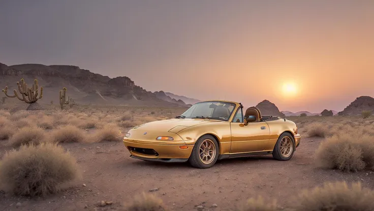 side view photo of gold MazdaMiata in a desert at sunrise, convertible top down, high quality photo, lens flare, bokeh, 8k resolution, gobo lights, warm ambient light, volumetric light, neon lights, depth of field, analog, foggy atmosphere, <lora:MazdaMiatav1:.8>, <lora:analogdiffusion_Lora300:.2>