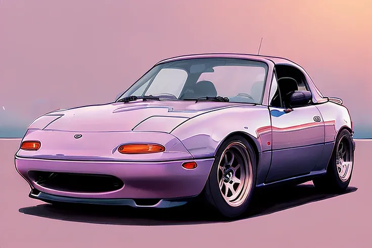 detailed illustration, ((MAZDAMIATA:1)), early morning, sunrise, Retrowave Art, best quality, clean lines, <lora:mazdaMiata_v1:0.9>