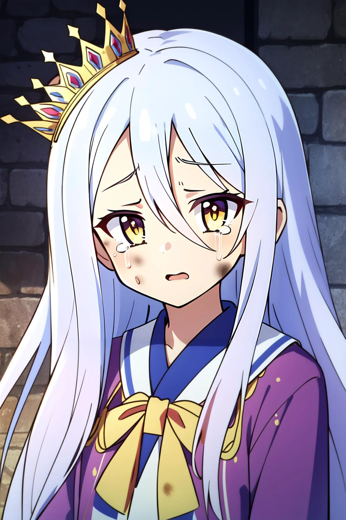(masterpiece, best quality), intricate details,
1girl, <lora:ShiroNGNL:0.8> ShiroNGNL, white hair, crown, yellow eyes,
<lora:dirty_v0.1:0.8> dirty, crying, mud,