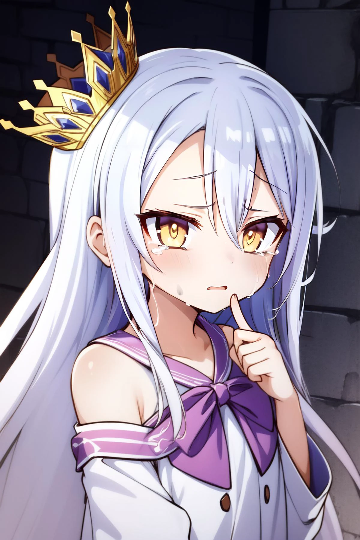 (masterpiece, best quality), intricate details,
1girl, <lora:ShiroNGNL:0.8> ShiroNGNL, white hair, crown, yellow eyes,
<lora:dirty_v0.1:0.8> dirty, crying, mud,