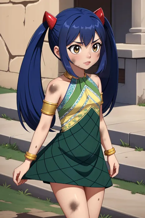 (masterpiece, best quality), intricate details,
<lora:wendy_marvell_v1:0.8> aawendy, long hair, twintails, hair ornament, bare shoulders, green dress, sleeveless dress, armlet, bracelet,
<lora:dirty_v0.1:0.8> dirty,