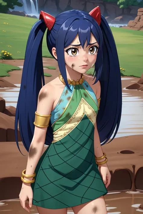 (masterpiece, best quality), intricate details,
<lora:wendy_marvell_v1:0.8> aawendy, long hair, twintails, hair ornament, bare shoulders, green dress, sleeveless dress, armlet, bracelet,
<lora:dirty_v0.1:0.8> dirty, crying, mud,