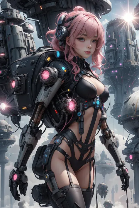 8k portrait of beautiful (cyborg) with pink hair, (Dua Lipa) , mecha musume scifi body suit, pauldrons, intricate, elegant, highly detailed, majestic, digital photography, art by artgerm and ruan jia and greg rutkowski surreal painting reflective, hairpin jewel, broken glass, (masterpiece, sidelighting, finely detailed beautiful eyes: 1.2), hdr,