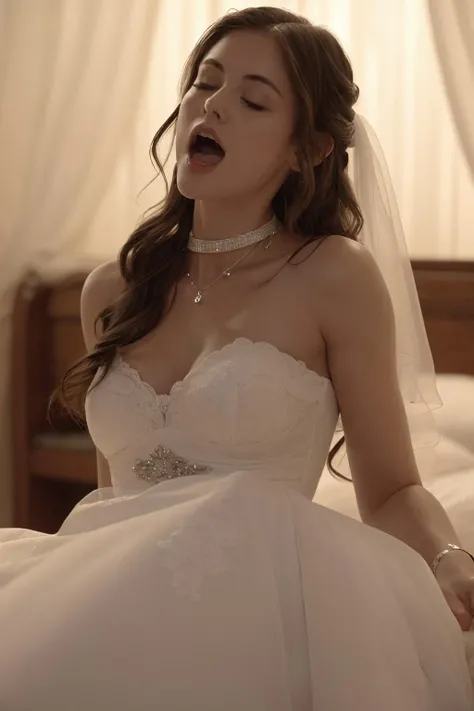 Woman on knee, (((from above))), crying, wedding dress, brunette, (((looking at viewer))), runied makeup, fit, atlethic body,