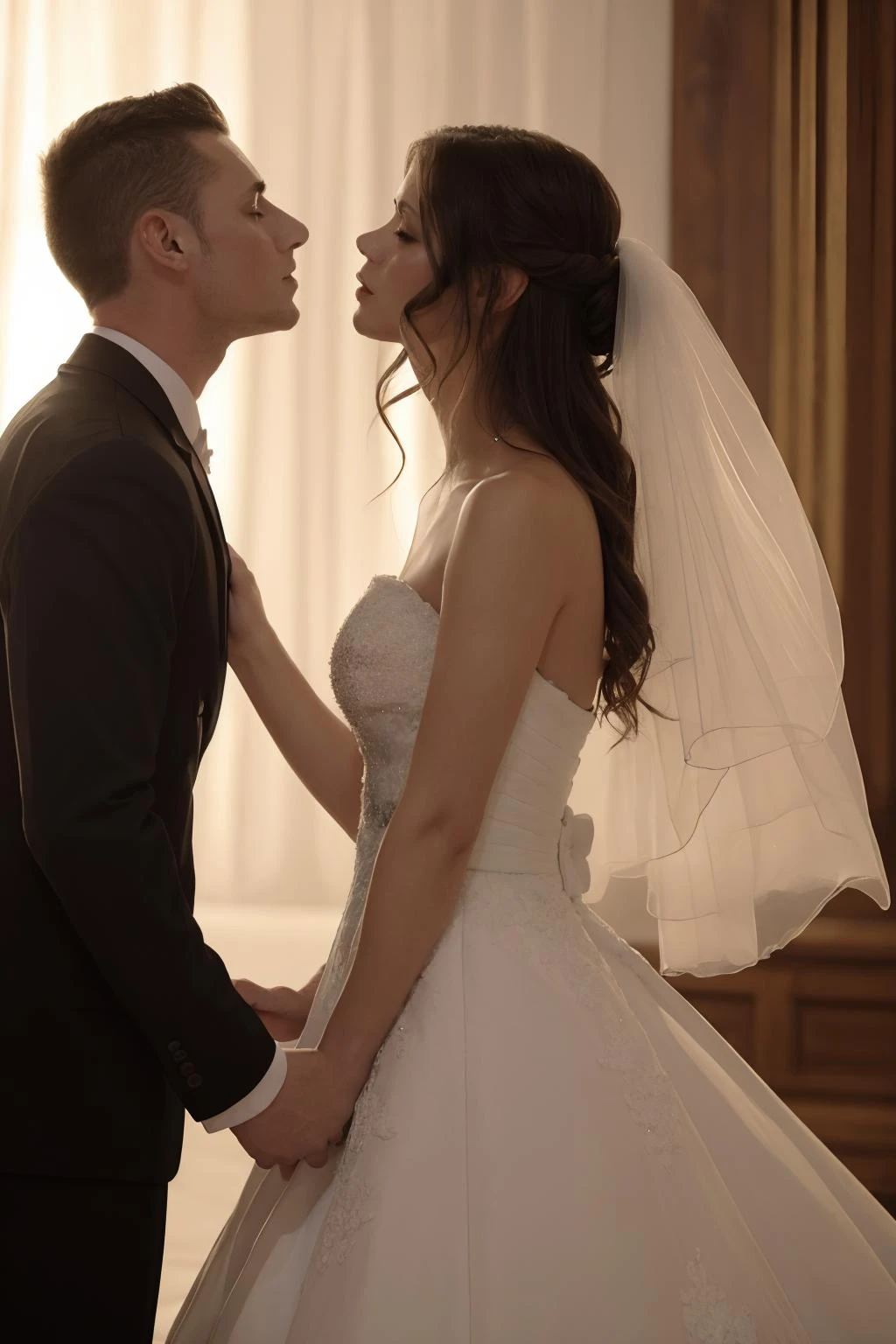 1boy,1girl,bare shoulders,bridal veil,couple,curtain,dress,formal,heterosexual,indoor,kiss,long hair,suit,veil,wedding dress,xx_focus,extremely high quality,masterpiece,<lora:XXX_ART:0.6>,