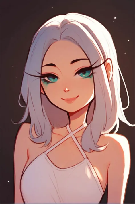Pretty asian woman, long bright silver hair, perfect face, busty, portrait, fun and smiling, lomg hair