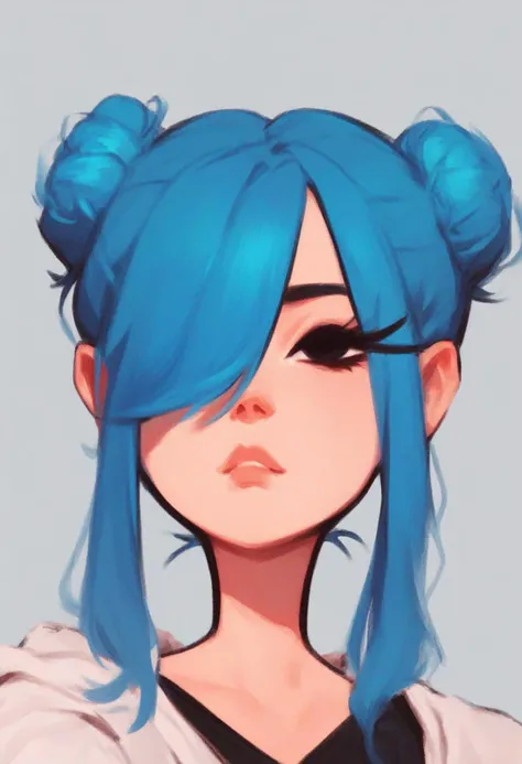 <lora:dijor:1> score_9, score_8_up, score_7_up, dijor, 1girl, solo, portrait, black eyes, eyelashes, hair covering one eye, twin bun hair, blue hair,