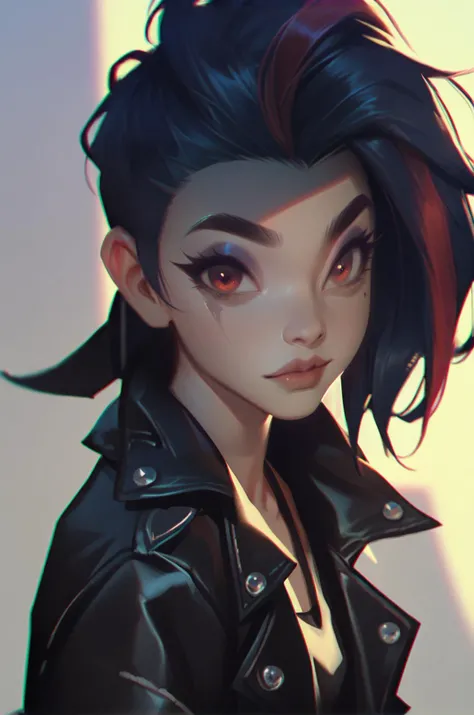 <lora:mgxt:1> one girl, cute face, haughty expression, raised chin, bob, asymmetrical hair, light makeup, eyeshadow, red eyes, thick eyelashes, long eyelashes, tank top, leather jacket, perfect slim figure, upper body, looking at viewer, torn tones <lora:OverallDetail:1> <lora:Minimalistic_Style_Pony:0.5>, score_9, score_8_up, score_7_up