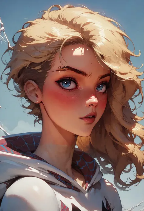 score_9, score_8_up, score_7_up,    spider gwen, beautiful eyes, blush, cute, blonde hair, petite, spider webs, posing, simple background,  <lora:Concept Art Twilight Style SDXL_LoRA_Pony Diffusion V6 XL:0.8> concept art, realistic  <lora:Expressive_H-000001:0.8> expressiveh,  <lora:Kenva:0.8> knva, halftone effect, retro artstyle
