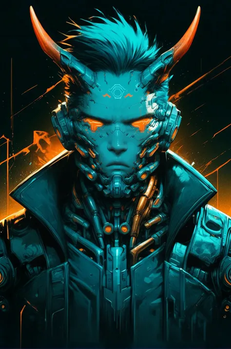 biomechanical style <lora:Neon_Splash_Art_for_Pony:0.9> one male man,serious face, bob, horns, broad shoulders, cyberpunk, looking at viewer, heavy tones, detail, dark background, dramatic, front view <lora:OverallDetail:0.8> <lora:Sinozick_Style_XL_Pony:0.5> <lora:Desolation:0.3> <lora:alexchow:1>, score_9, score_8_up, score_7_up . blend of organic and mechanical elements, futuristic, cybernetic, detailed, intricate