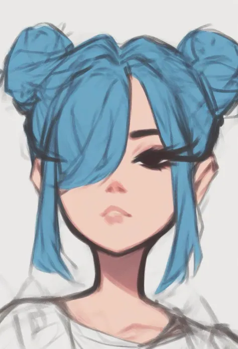 <lora:dijor:1> score_9, score_8_up, score_7_up,  dijor, 1girl, solo, portrait, black eyes, eyelashes, hair covering one eye, twin bun hair, blue hair, sketched
