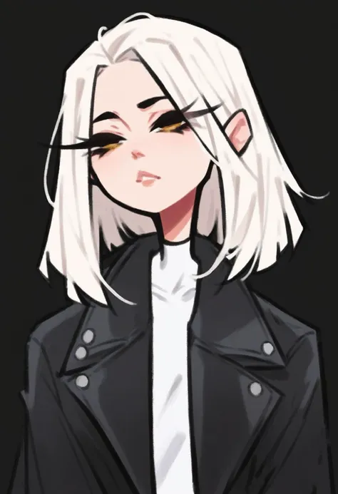 <lora:dijor:1> dijor, score_9, score_8_up, score_7_up, 1girl, solo, perfect face, cute face, black eyeliner, long eyelashes, [yellow eyes:0.7], white asymmetric bob hair, wearing leather jacket, white shirt, slim, upper body, city black background