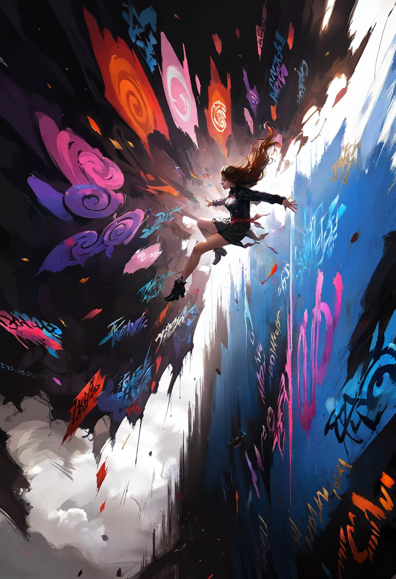 score_9, score_8_up, score_7_up, source_anime, best quality, raing_questionable,BREAK, 1girl, almond eyes, floating hair, action, dynamic pose, detailed background, creative angle,
detailed, intricate details, highres, masterpiece, aesthetically pleasing,sexy, graffiti,
, <lora:quality1:0.8>, , <lora:ALTXL_pony_0061_8:0.8> <lora:Pony_DetailV2.0:2.0> <lora:hand 4:0.8> Hand ,<lora:wodeipoi:0.7> wodeipoi, <lora:cnv3mdde878c738thn20:0.8> cnv3mdde878c738thn20, <lora:Aesthetics_Enhancer_pony:0.8> enhanceimage