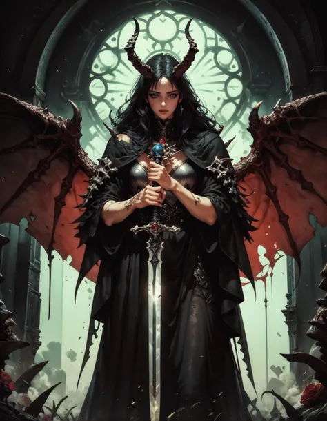 score_9, score_8_up, score_7_up, score_6_up, score_5_up, score_4_up, epic, gothic, radiant light rays, (solo), demon girl, demon horns, armor, chainmail, holding sword, cloak, wings, ornaments, windy, 1girl, delicate and smooth skin, blush, perfect body, thighs, highly detailed, glossy lips,  <lora:Kenva:0.8> knva, <lora:Concept Art Twilight Style SDXL_LoRA_Pony Diffusion V6 XL:0.8> concept art,  <lora:Expressive_H-000001:0.8>, expressiveH, <lora:GRIM_v1:0.8> horror (theme) <lora:sinfully_stylish_SDXL>