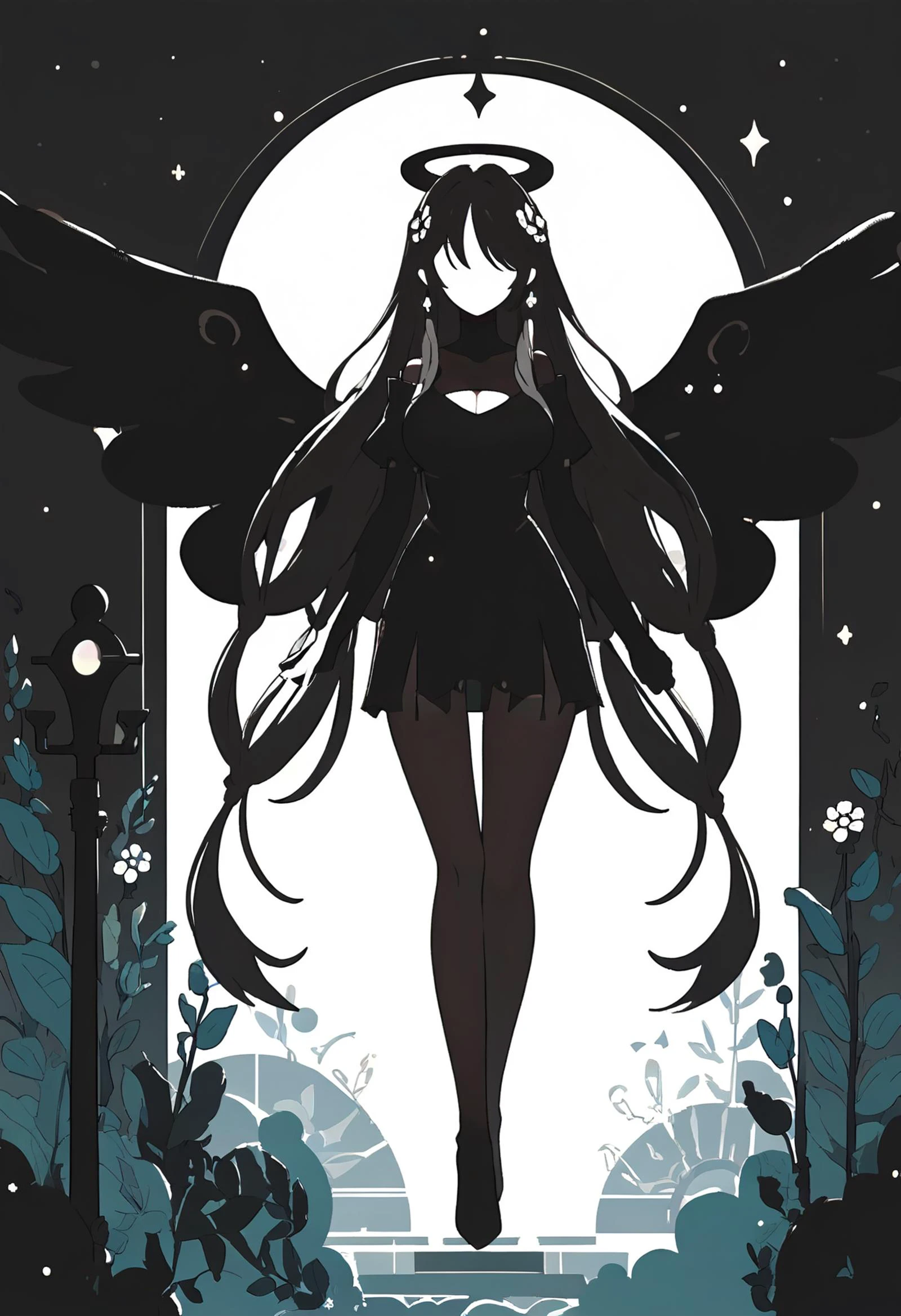 score_9, score_8_up, score_7_up, source_anime, best quality, raing_questionable,BREAK,1girl, (silhouette:1.3) in window, very long hair, large breasts, detailed background, creative angle, limited color palette, angel wings, faceless,
highres, masterpiece, aesthetically pleasing,sexy,
, <lora:quality1:0.8>, , <lora:ALTXL_pony_0061_8:0.8> <lora:Pony_DetailV2.0:2.0> <lora:hand 4:0.8> Hand , <lora:cnv3mdde878c738thn20:0.7>, <lora:PonyMinimalStyle:1.1> minimalstyle, <lora:Concept Art DarkSide Style LoRA_Pony XL v6:0.8> concept art, dark theme, low light, <lora:wodeipoi:0.4> wodeipoi