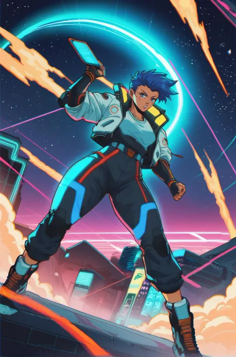 sci-fi style retro cyberpunk fighting game style 1girl, <lora:OverallDetail:1> <lora:Expressive_H:0.8> <lora:Anime Summer Days 2 Style SDXL_LoRA_Pony Diffusion V6 XL:0.4> <lora:DP-Pony:1>, score_9, score_8_up, score_7_up . dynamic, vibrant, action-packed, detailed character design, reminiscent of fighting video games . 80's inspired, synthwave, neon, vibrant, detailed, retro futurism . futuristic, technological, alien worlds, space themes, advanced civilizations