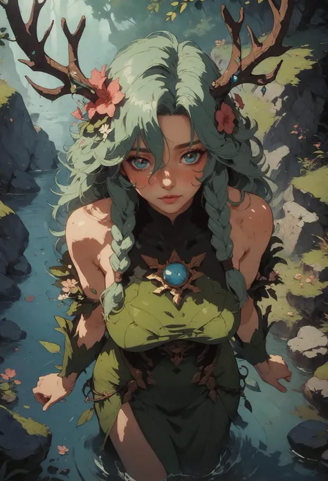 score_9, score_8_up, score_7_up, 1girl, (solo:1.1), from above, elven girl, standing, bare shoulders, green hair, braids, large breasts, flower hair, antlers, leaf dress, cute, beautiful eyes, blush, overgrowth, sexy pose, looking at viewer, outdoor, moss, rocks, <lora:Concept Art Twilight Style SDXL_LoRA_Pony Diffusion V6 XL:0.8> concept art, realistic <lora:Expressive_H-000001:0.8> expressiveh, <lora:Kenva:0.8> knva, halftone effect, retro artstyle