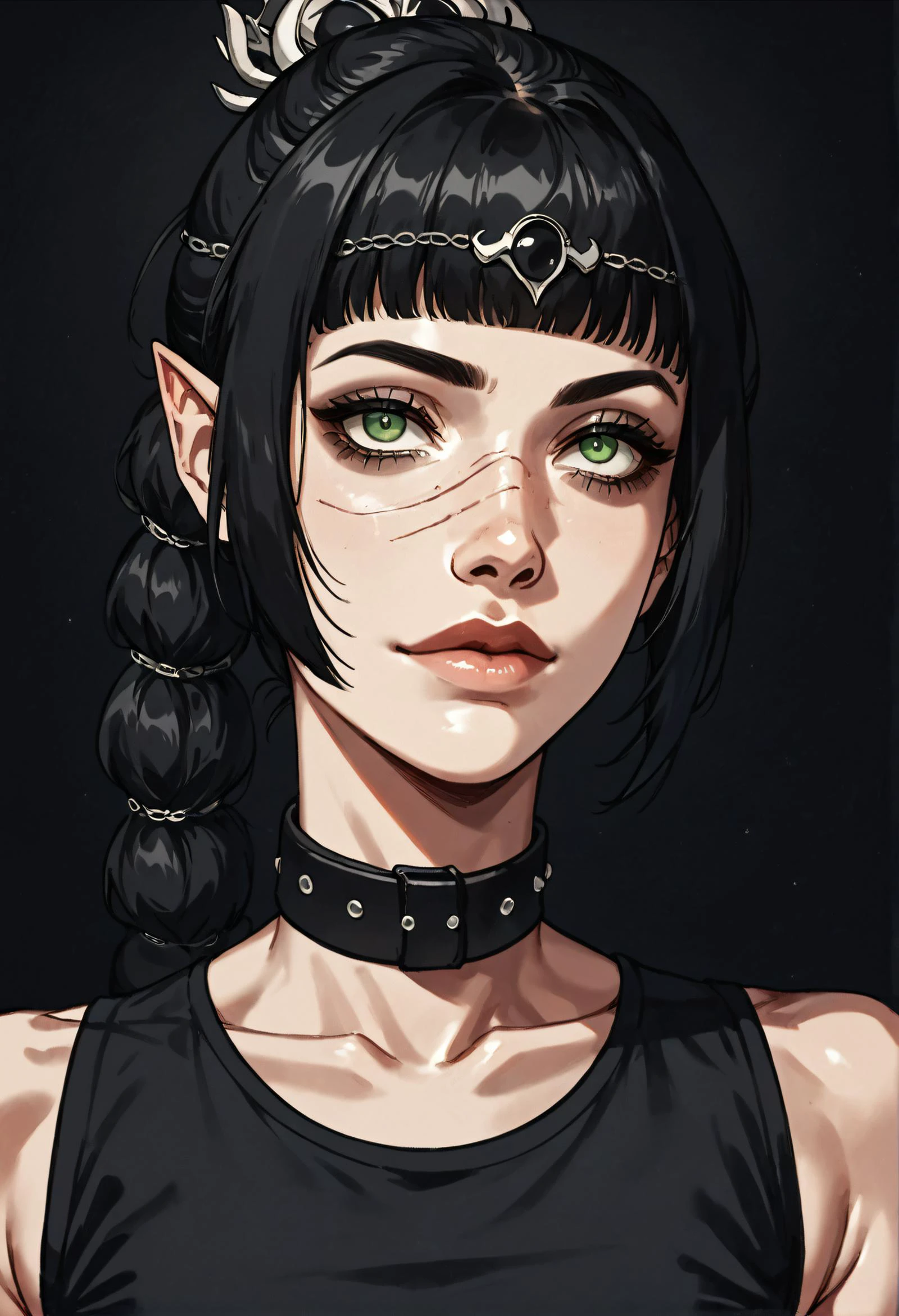 score_9, score_8_up, score_7_up, score_6_up, score_5_up, score_4_up, 1girl, solo, shadowheart, detailed face, green eyes, bangs, black hair with long braided ponytail, pointy ears, spotlight, collar bone, neck cut, face close up, face shot, low light, (black background:1.2), curious, looking at viewer, (smiling:0.8), slim, portrait, natural beauty, black top, selective green color, monochrome
<lora:ShadowHeartXL:1> <lora:1dkXLP:0.3> <lora:add_detail:0.4> <lora:Xenotrip_v.2:1> xenotr1p