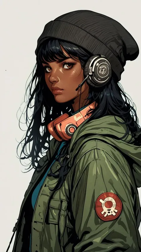 score_9,score_8_up,score_7_up,score_6_up,1girl,solo,long hair,looking at viewer,bangs,black hair,hat,animal ears,brown eyes,closed mouth,jacket,upper body,open clothes,dark skin,hood,from side,dark-skinned female,lips,black headwear,hoodie,headphones,hood down,hooded jacket,beanie,ears through headwear,<lora:pony-jou5te-black outlines-dark green backgroudç¾æ¼«æ´è±é»å¾è¾¹Lora:0.5>,<lora:pony-knva-halftone effect-retro artstyleèµåå
è飿 ¼äºç»´Lora:0.5>,<lora:pony-å¼å
°å
èµµç¾æ¼«äººç©-Lora:0.5>,<lora:colored,monochrome,xenotr1p,åè²é£æ ¼v2-loar-pony:0.5>,<lora:SDXLæå
¶è¯¦ç»Lora:1>,<lora:Ponyç»èè°è_DetailV2.0-Lora:1>,
