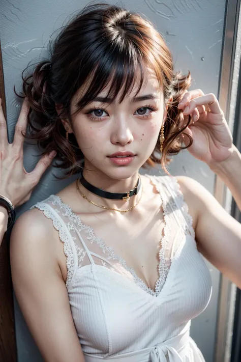 (realistic:1.3), finely detailed, quality, rembrandt lighting, (masterpiece:1.2), (photorealistic:1.2), (best quality), (detailed skin:1.3), (intricate details), dramatic, ray tracing, 1girl, japanese girl, 21 years old, detailed skin texture, (blush:0.5), (goosebumps:0.5), subsurface scattering, smiling, medium breasts, short hair curls, bangs, hair between eyes, blouse, round collar, kabedon, pov, (pov hand:1.2), (from above, bright sunny day), <lora:kabedon_pov:1>