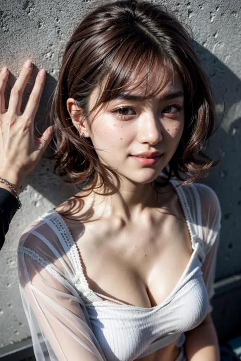 (realistic:1.3), finely detailed, quality, rembrandt lighting, (masterpiece:1.2), (photorealistic:1.2), (best quality), (detailed skin:1.3), (intricate details), dramatic, ray tracing, 1girl, japanese girl, 21 years old, detailed skin texture, (blush:0.5), (goosebumps:0.5), subsurface scattering, smiling, medium breasts, short hair curls, bangs, hair between eyes, blouse, round collar, kabedon, pov, (pov hand:1.2), (from above, bright sunny day), <lora:kabedon_pov:1>